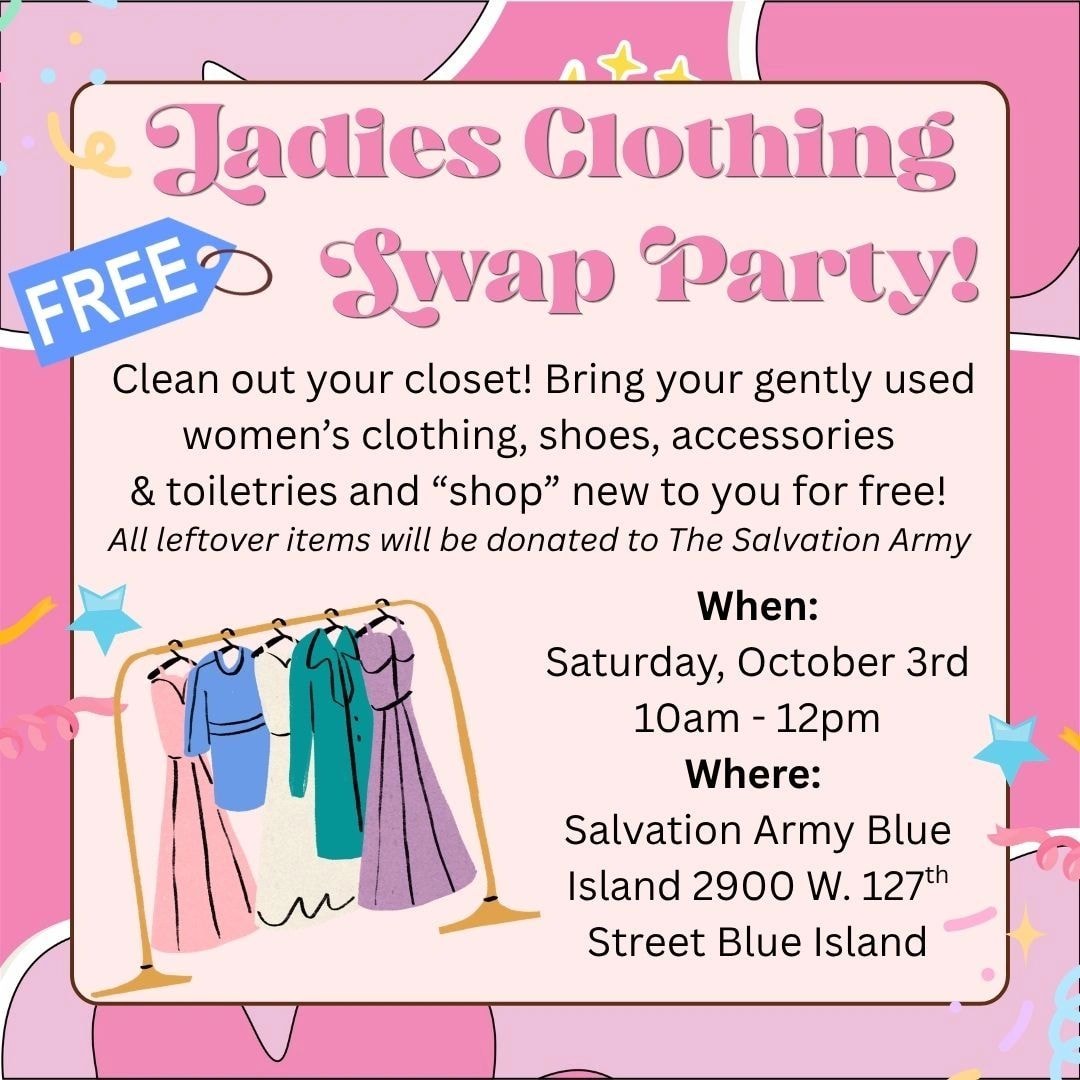 Ladies Clothing Swap Party flyer — Saturday October 3rd, free event at Salvation Army Blue Island